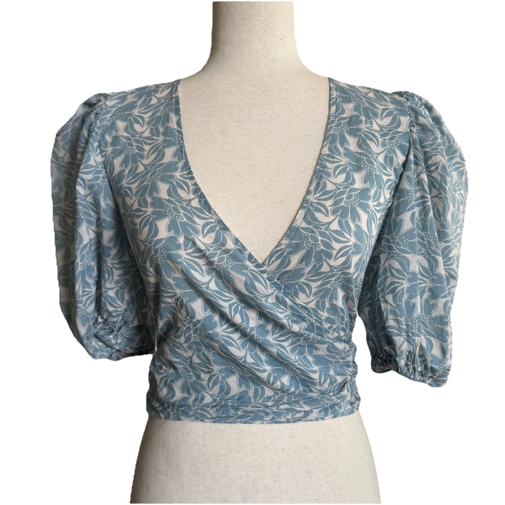 Olivaceous Floral Cropped Wrap Blouse Small V-neck Balloon Sleeves Boho‎ Prairie